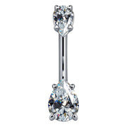 14k white gold belly ring with two clear pear-shaped CZ gems in prong settings, front view