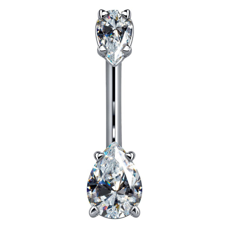 14k white gold belly ring with two clear pear-shaped CZ gems in prong settings, front view