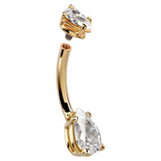 Side profile of 14k yellow gold pear CZ belly ring with top ball removed showing internal threading
