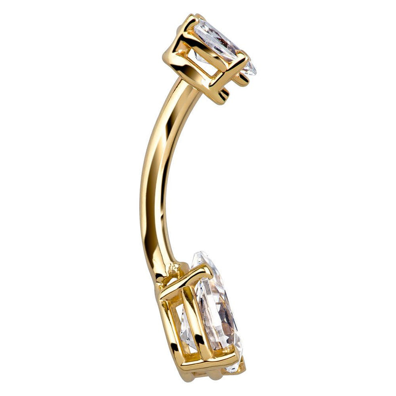 Edge-on side view of 14k yellow gold dual pear CZ navel ring showing barbell curve profile