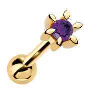 14k yellow gold flower cartilage stud with genuine amethyst, front view on white background