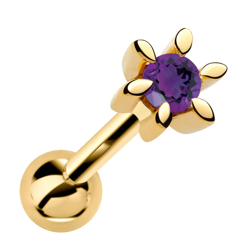 14k yellow gold flower cartilage stud with genuine amethyst, front view on white background