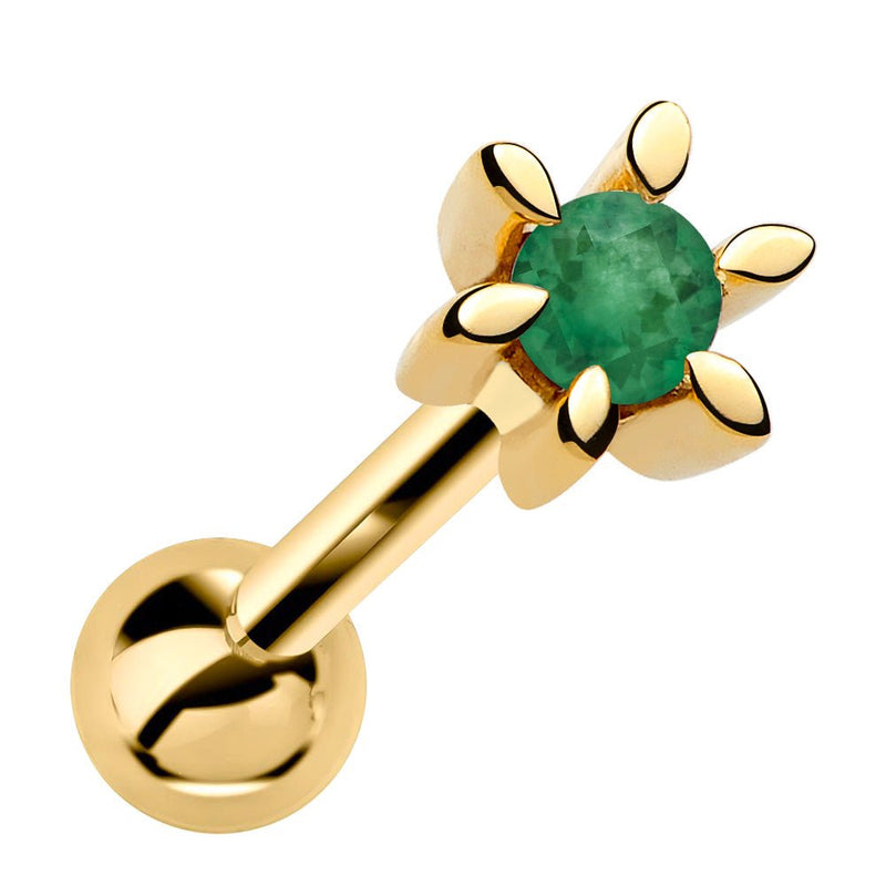 14k yellow gold flower cartilage stud with genuine emerald gemstone, front view