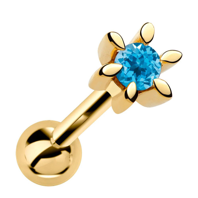 14k yellow gold petite flower cartilage earring with blue topaz gemstone, front view