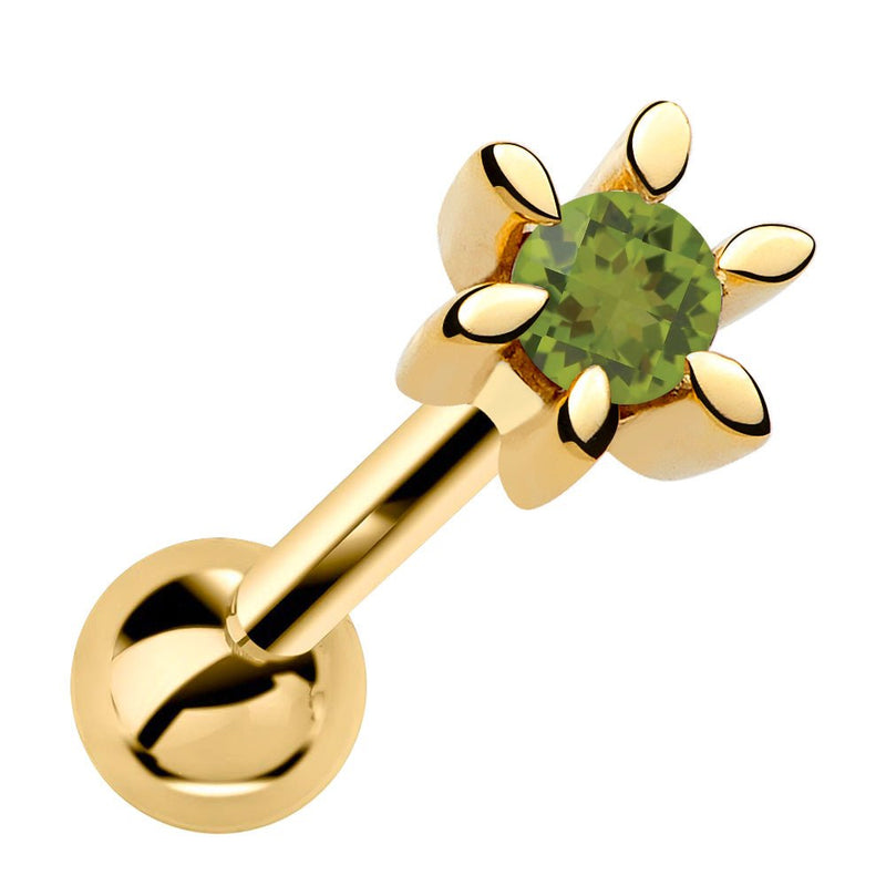 14k yellow gold petite flower cartilage stud with green peridot gemstone, front view