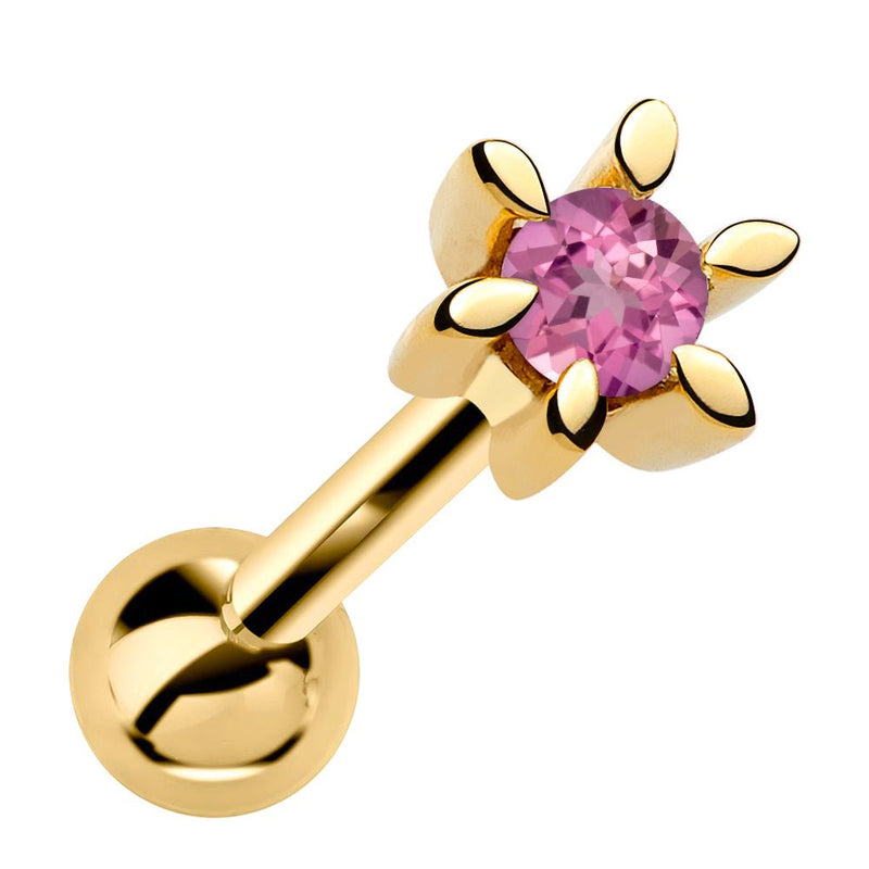 14k yellow gold flower cartilage earring with pink tourmaline gemstone, front view