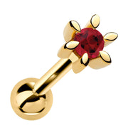 14k yellow gold flower cartilage earring with genuine ruby gemstone, front view