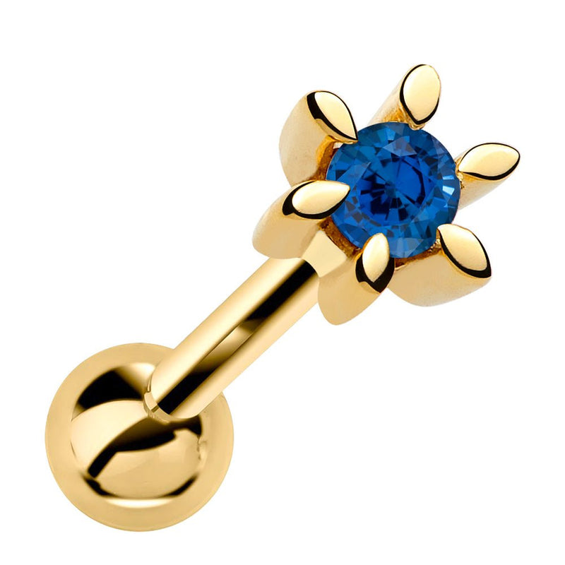 14k yellow gold flower cartilage earring with genuine sapphire, front view on white background