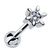 14k white gold petite flower cartilage stud with cubic zirconia, front view on white background