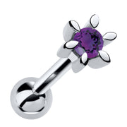 14k white gold flower cartilage stud with genuine amethyst gemstone, front view
