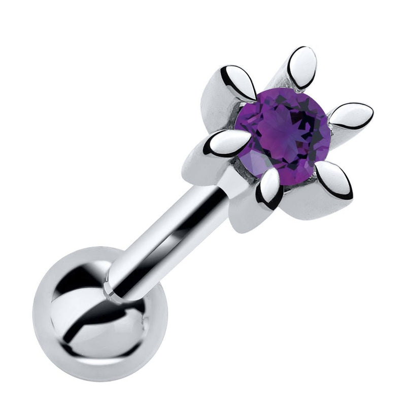 14k white gold flower cartilage stud with genuine amethyst gemstone, front view