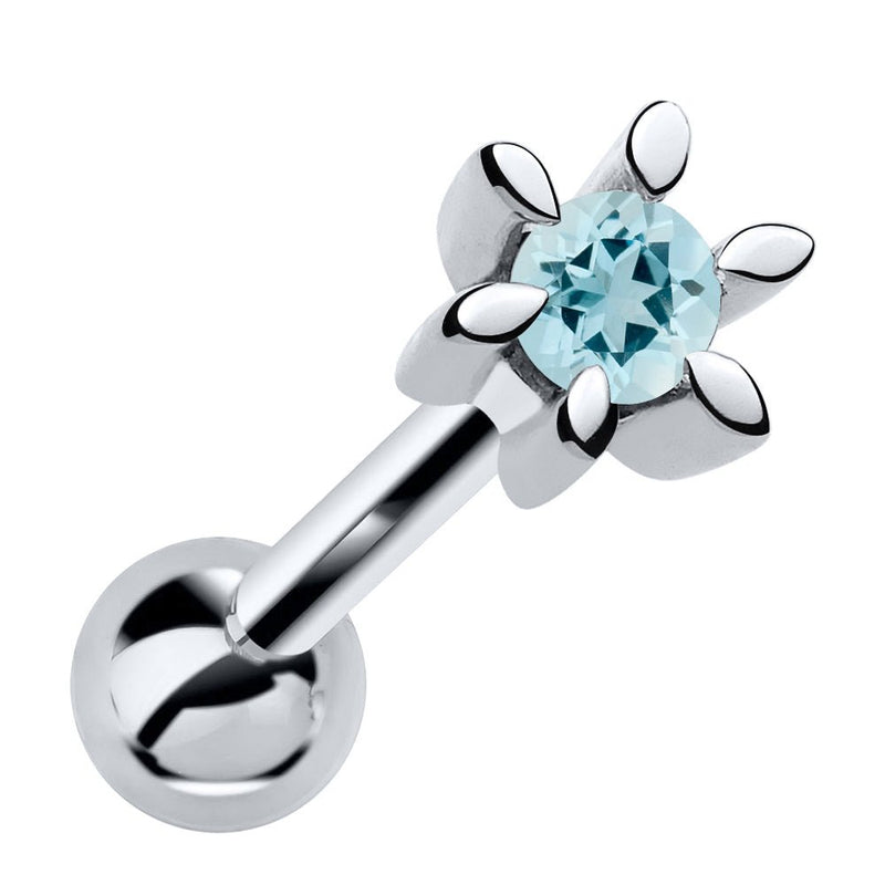 14k white gold petite flower cartilage earring with light blue aquamarine gemstone, front view