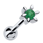 14k white gold flower cartilage stud with genuine emerald gemstone, front view