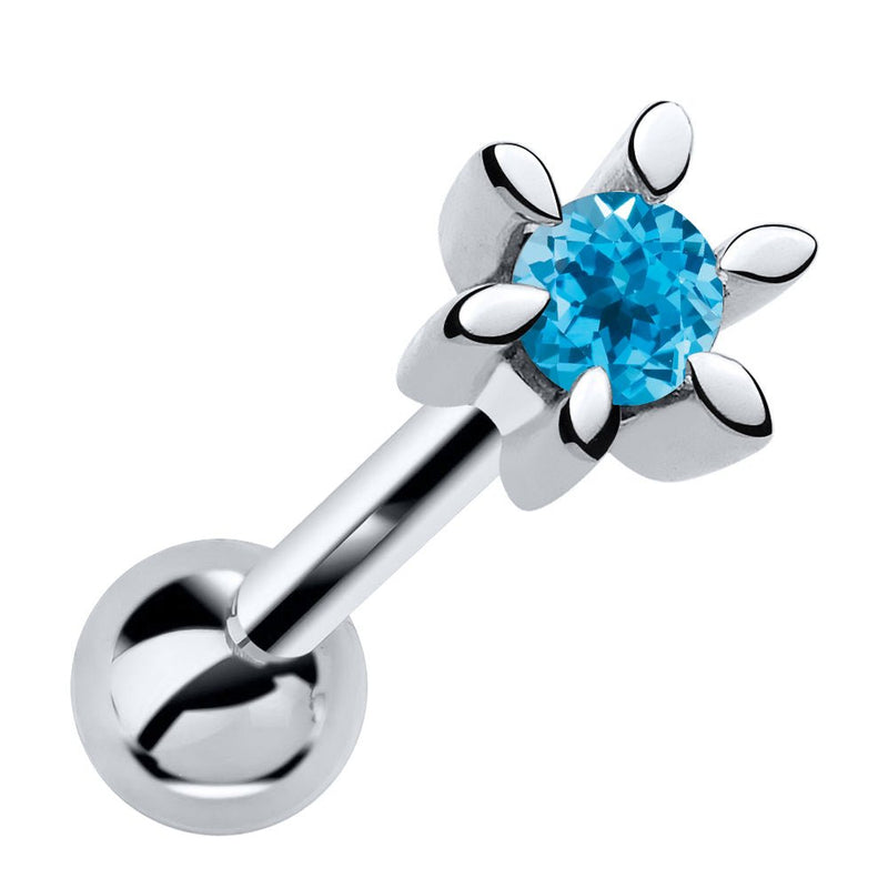 14k white gold petite flower cartilage earring with blue topaz gemstone, front view