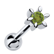 14k white gold flower cartilage stud with green peridot gemstone, front view