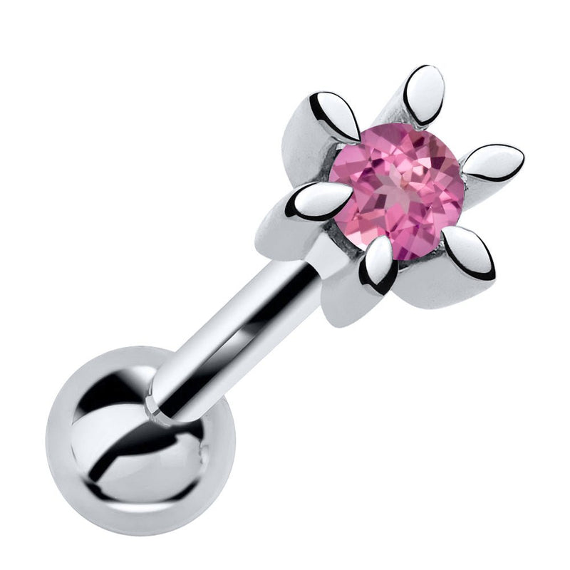 14k white gold flower cartilage stud with pink tourmaline gemstone, front view