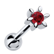 14k white gold petite flower cartilage earring with genuine ruby gemstone, front view