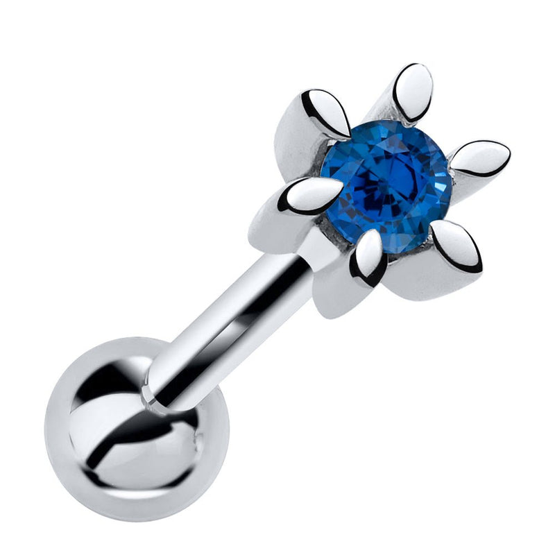 14k white gold flower cartilage stud with genuine sapphire gemstone, front view