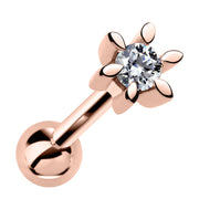 14k rose gold petite flower cartilage stud with cubic zirconia, front view on white background