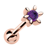 14k rose gold petite flower cartilage earring with genuine amethyst gemstone, front view