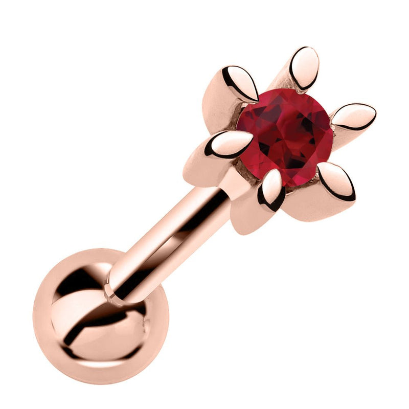 14k rose gold petite flower cartilage earring with genuine ruby gemstone, front view