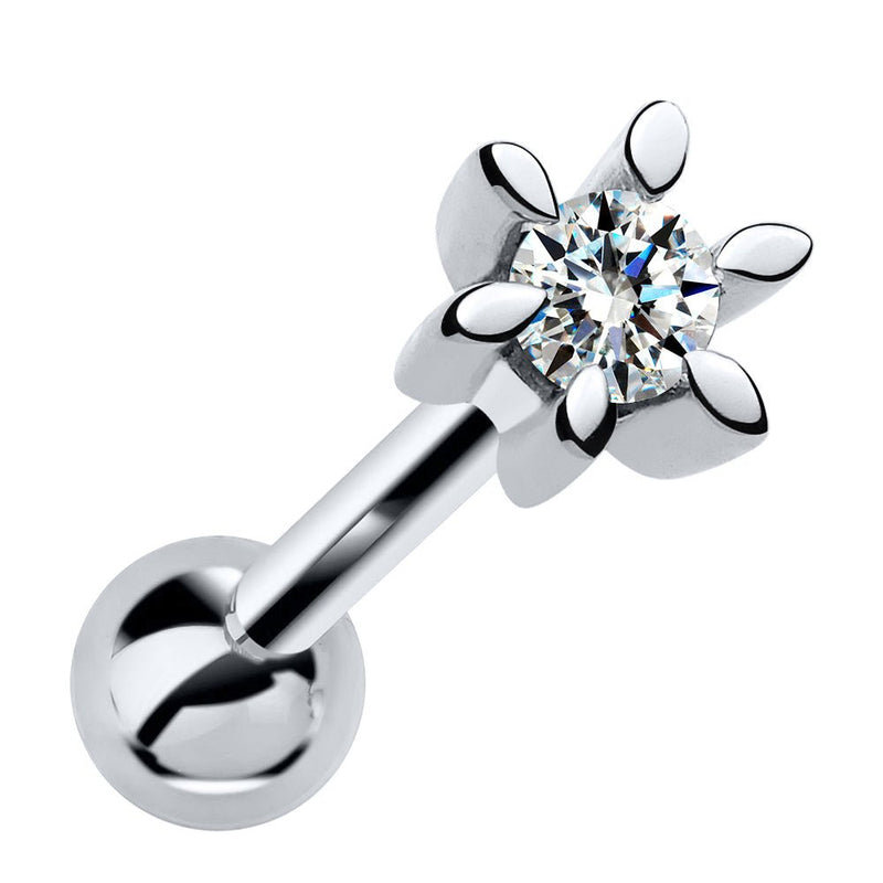 14k white gold diamond flower cartilage stud, front view showing petal silhouette and brilliant diamond center