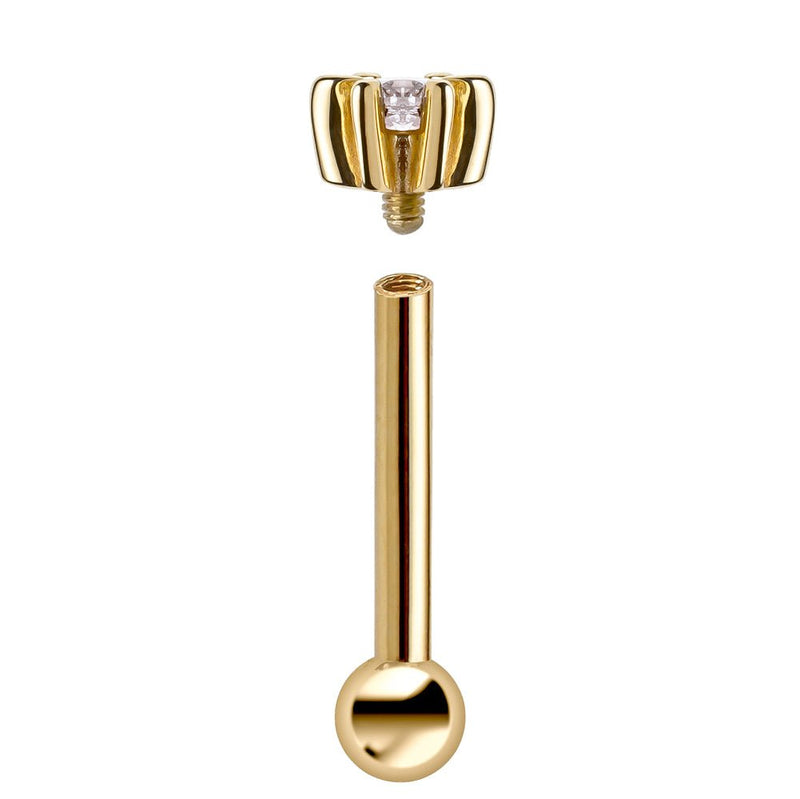 14k yellow gold diamond flower helix stud disassembled showing internally threaded top and barbell separately