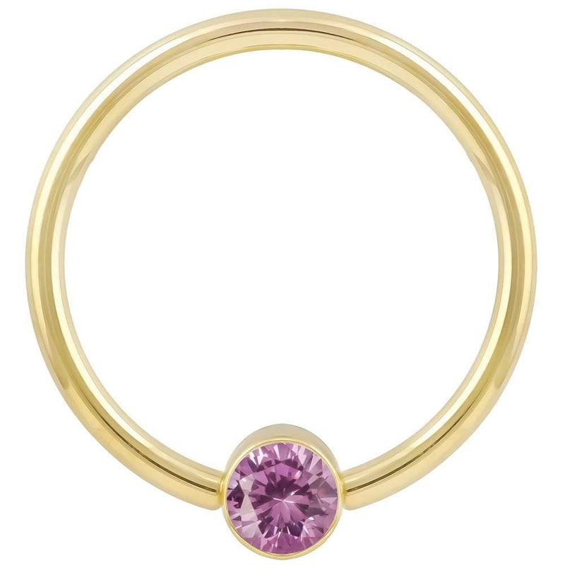 14k yellow gold fixed bead ring with light pink CZ bezel bead, smaller gauge front view