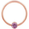 14k rose gold fixed bead ring with light pink CZ bezel bead, smaller gauge front view