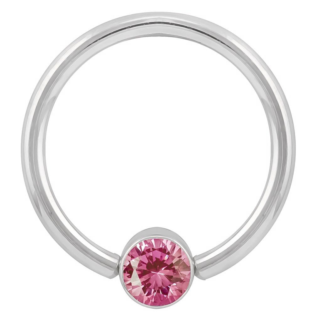 Pink Cubic Zirconia Round Bezel 14k Gold Captive Bead Ring-14K White Gold   12G (2.0mm)   3 4" (19mm)