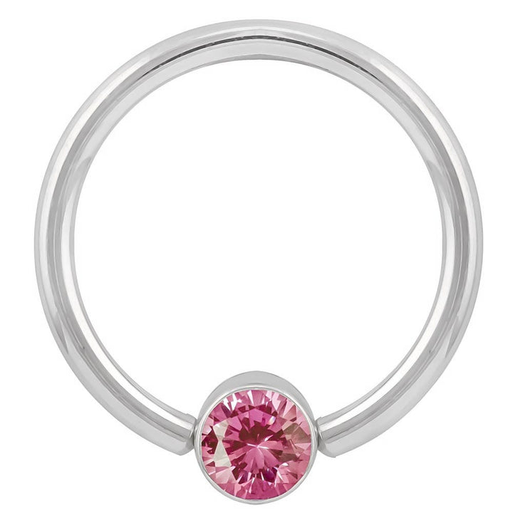 Pink Cubic Zirconia Round Bezel 14k Gold Captive Bead Ring-14K White Gold   12G (2.0mm)   3 4" (19mm)
