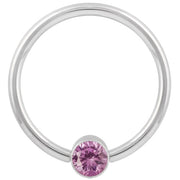 14k white gold fixed bead ring with light pink CZ bezel bead, smaller gauge front view