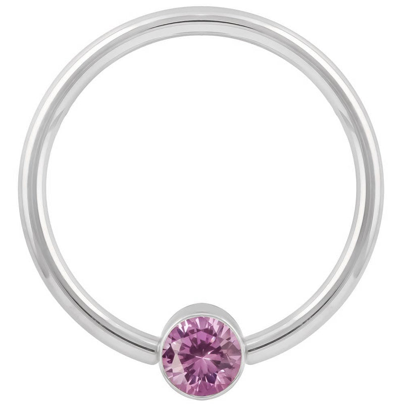 14k white gold fixed bead ring with light pink CZ bezel bead, smaller gauge front view