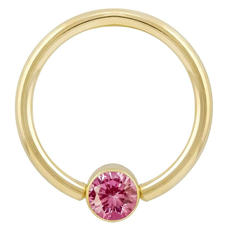 Pink Cubic Zirconia Round Bezel 14k Gold Captive Bead Ring-14K Yellow Gold   12G (2.0mm)   3 4" (19mm)