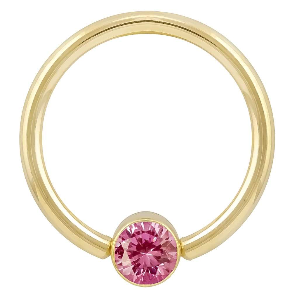 Pink Cubic Zirconia Round Bezel 14k Gold Captive Bead Ring-14K Yellow Gold   12G (2.0mm)   3 4