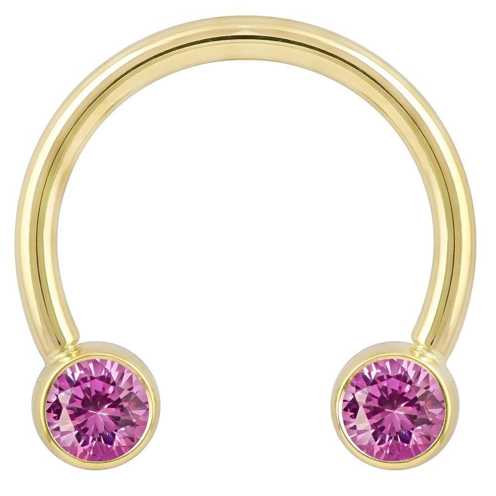 Pink Cubic Zirconia Round Bezel 14k Gold Circular Barbell-14K Yellow Gold   12G (2.0mm)   3 4