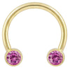 14k yellow gold circular barbell with dual pink CZ bezel ends, front view on white background
