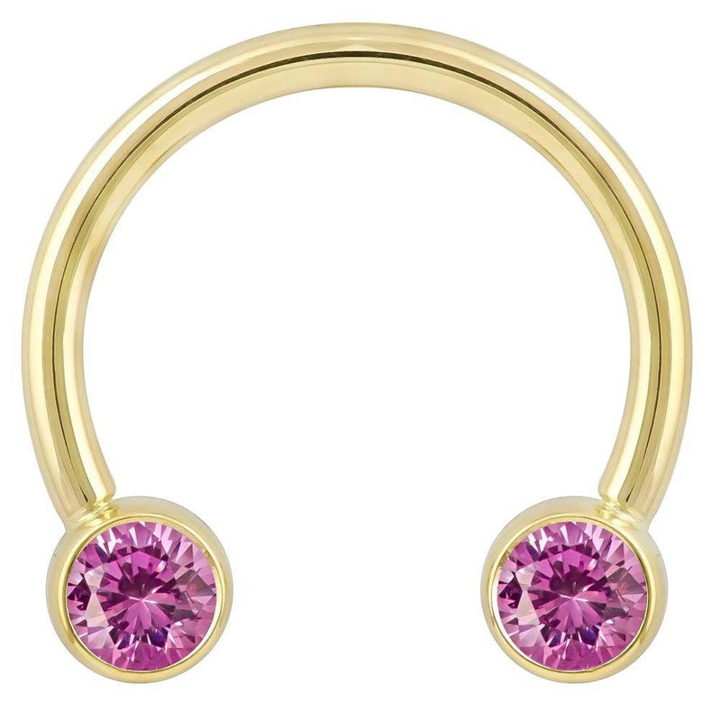 14k yellow gold circular barbell with dual pink CZ bezel ends, front view on white background