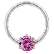 14k white gold piercing hoop with pink cubic zirconia round prong setting, front view