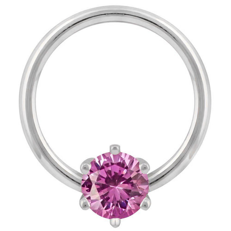 14k white gold piercing hoop with pink cubic zirconia round prong setting, front view