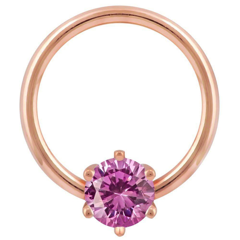 14k rose gold fixed bead ring with round-cut pink CZ in six-prong setting, main product view