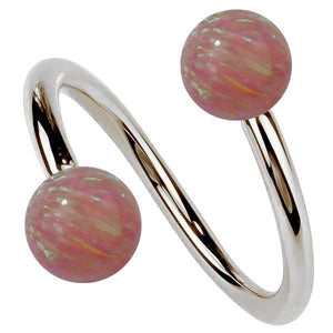 14k white gold twist spiral barbell with two pink opal ball ends, showing cool-toned metal finish