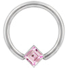 14k white gold fixed bead ring with large pink princess-cut CZ bezel, close-up front view