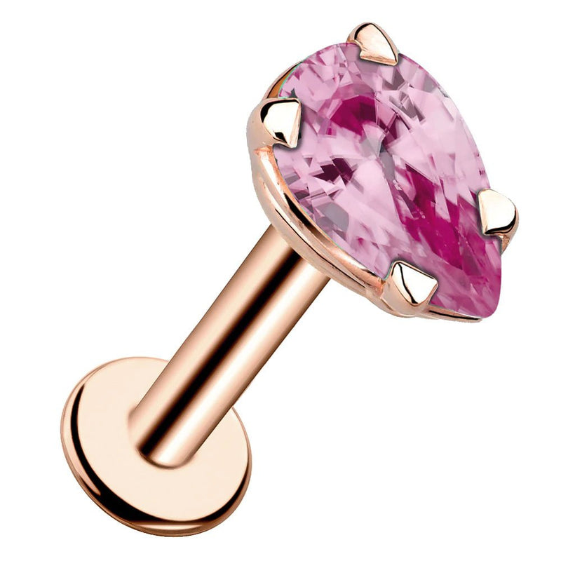 14k rose gold pear-cut pink tourmaline flat back labret stud, angled view showing warm-toned setting