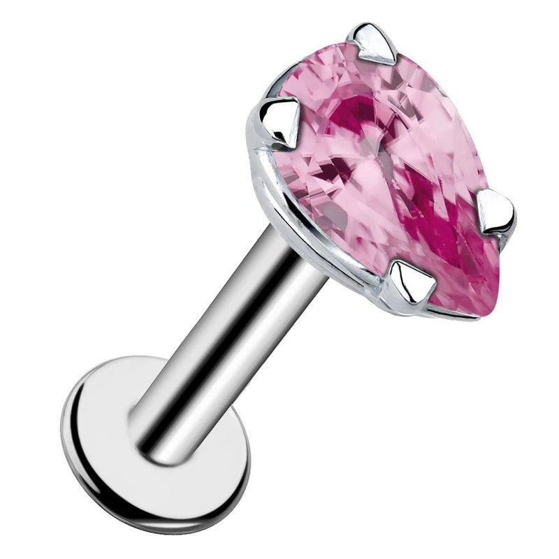 14k white gold pear-cut pink tourmaline flat back labret stud, angled view showing silver-toned prong setting