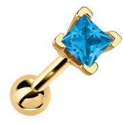 14k yellow gold cartilage stud with princess cut blue topaz birthstone, V-prong setting front view