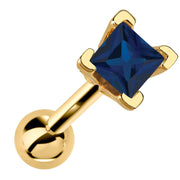 14k yellow gold cartilage barbell with princess cut dark blue sapphire gemstone in V-prong setting