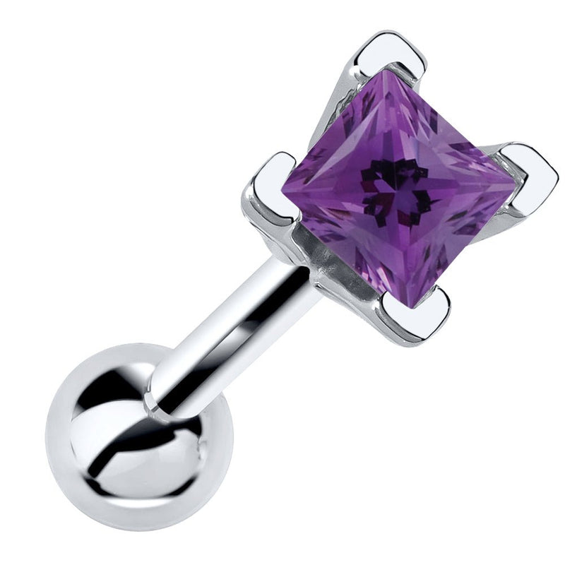 14k white gold cartilage barbell with princess cut purple amethyst gemstone in V-prong setting