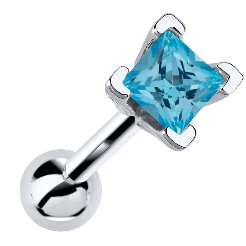 14k white gold cartilage stud with princess cut blue aquamarine birthstone in V-prong setting