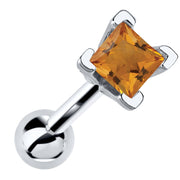 14k white gold cartilage stud with princess cut orange citrine birthstone in V-prong setting